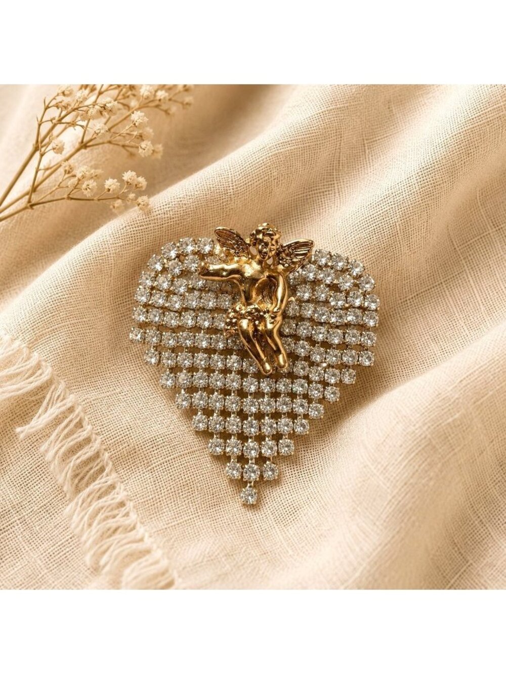 Cherub Cupid Angel Heart Brooch Vtg Cascading Romantic Rhinestone Dangle Jewelry